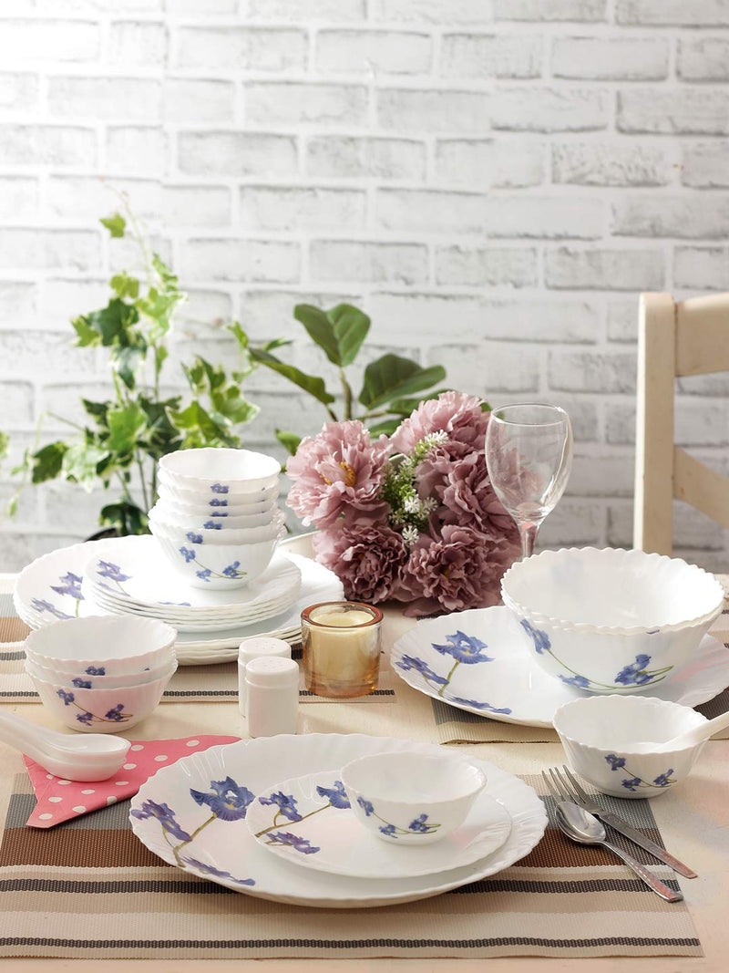 La Opala Novo Collection Opal Glass Crockery | for Family of 6 | Dinner Set 35 pcs Blue Orchids | Plates & Bowls for Dining | Microwave Safe | 100% Vegetarian | Extra Strong | Light & White