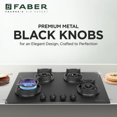 Faber Della 4 Burner 72cm Hob |Auto-Ignition|Brass Burner| Cast Iron Pan Support |Hob/Cooktop Hybrid| Matt Black Glass F