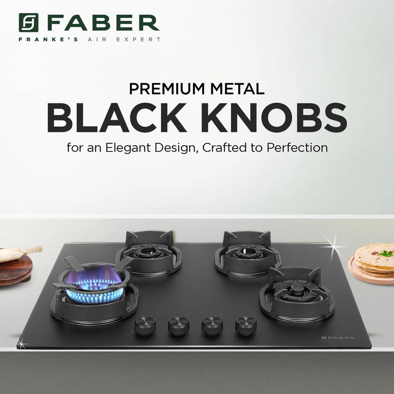 Faber Della 4 Burner 72cm Hob |Auto-Ignition|Brass Burner| Cast Iron Pan Support |Hob/Cooktop Hybrid| Matt Black Glass F