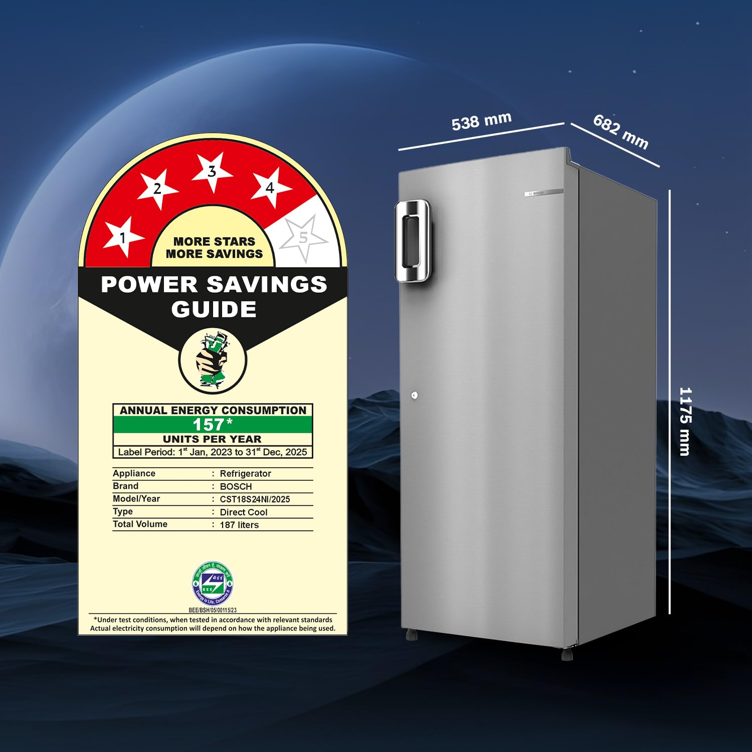 Bosch 187 L, 4 Star, Single Door Refrigerator with Industry's largest vegetable box* & Beverage space (CST18S24NI, Fine steel) 18 Hr Cooling Retention, 2.5x Faster Cooling, Smart inverter compressor