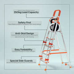 PROHOME Aluminium Ladder for Home 5 Steps Foldable with Railing & Anti-Skid Wide Steps | 5 Step Ladder for Home Use, Kitchen & Household | 250 Kg Capacity Folding Ladder | 5 Year Warranty (Orange)