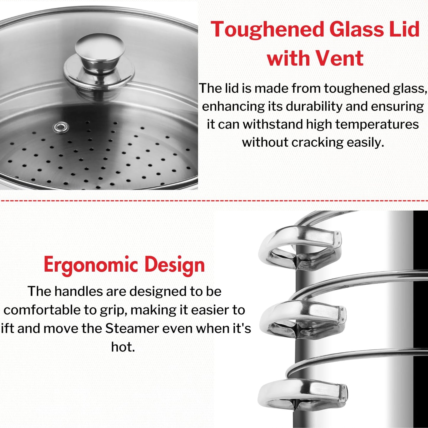 Vinod Stainless Steel 3-Tier Steamer – 20 cm | Momo & Modak Maker | Vegetable Steamer with Glass Lid & Riveted Handles | Induction & Gas Compatible, Silver