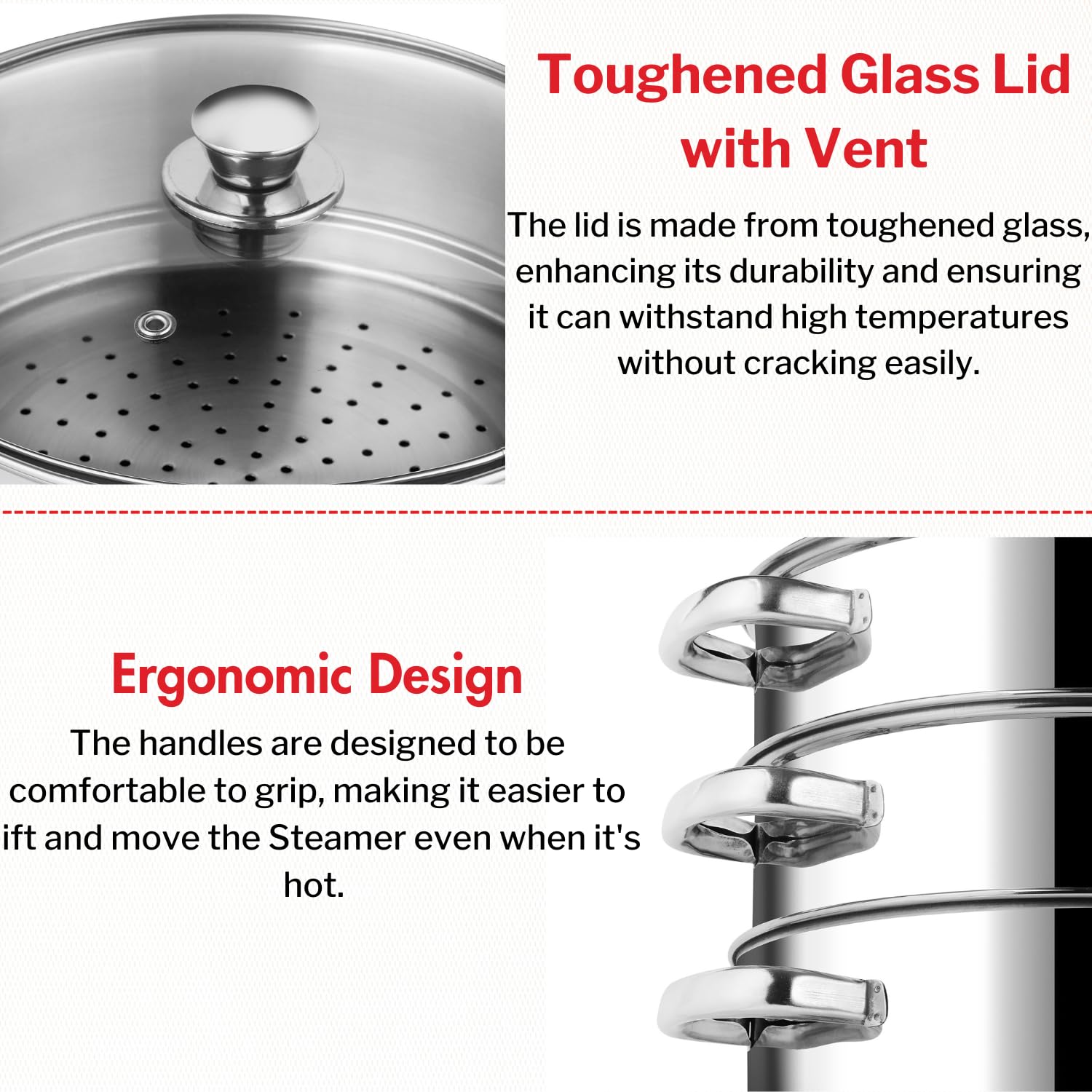 Vinod Stainless Steel 3-Tier Steamer – 20 cm | Momo & Modak Maker | Vegetable Steamer with Glass Lid & Riveted Handles | Induction & Gas Compatible, Silver