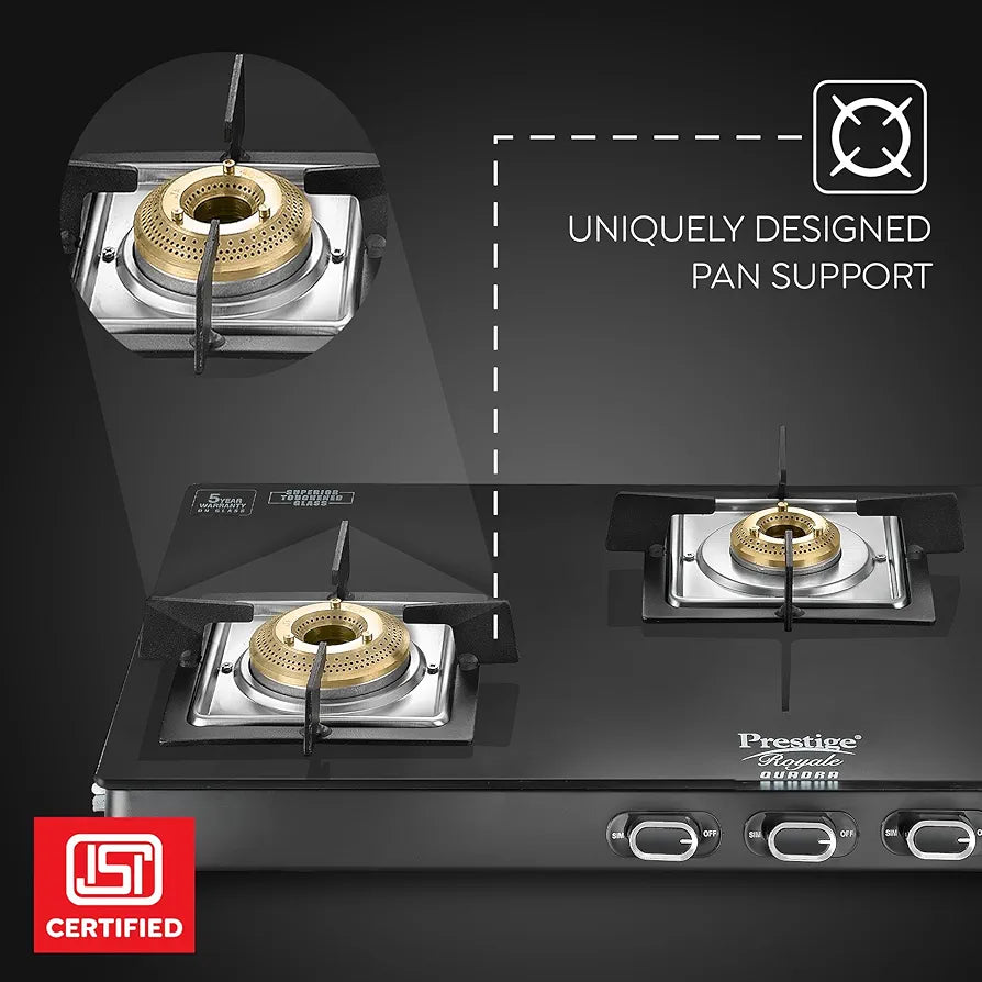 Prestige Royale Quadra 3Burner Gas Stove|Superior Toughened Glasstop with 5-Year Warranty| 3-Way Nozzle Design|Tri-Pin Jumbo Burner |Uniquely Designed Pan Support |Elegantly Designed Knobs|Black