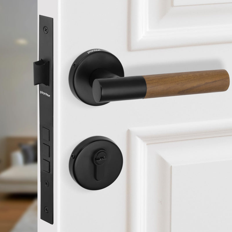 Plantex Main Door Lock/Mortise Lock for Door with 3 Years of Warranty - Robust Door Lock for Home with Brass Lock Body & Cylinder (Black & Wood Finish)-1