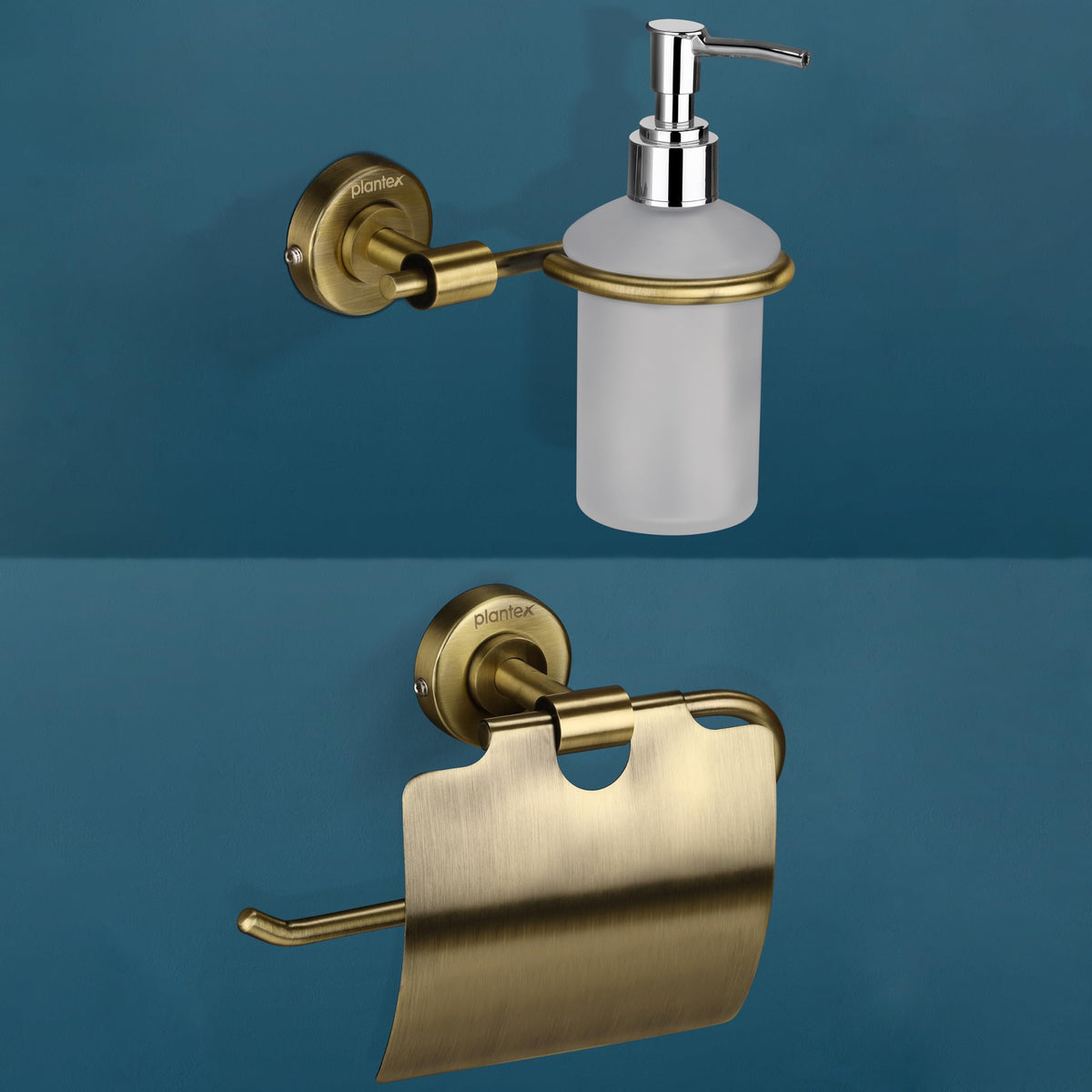 Plantex 304 Grade Stainless Steel Washroom Set of 2 - Toilet Paper Holder/Stand/Liquid Soap Dispenser - Daizy (Brass Antique)-1