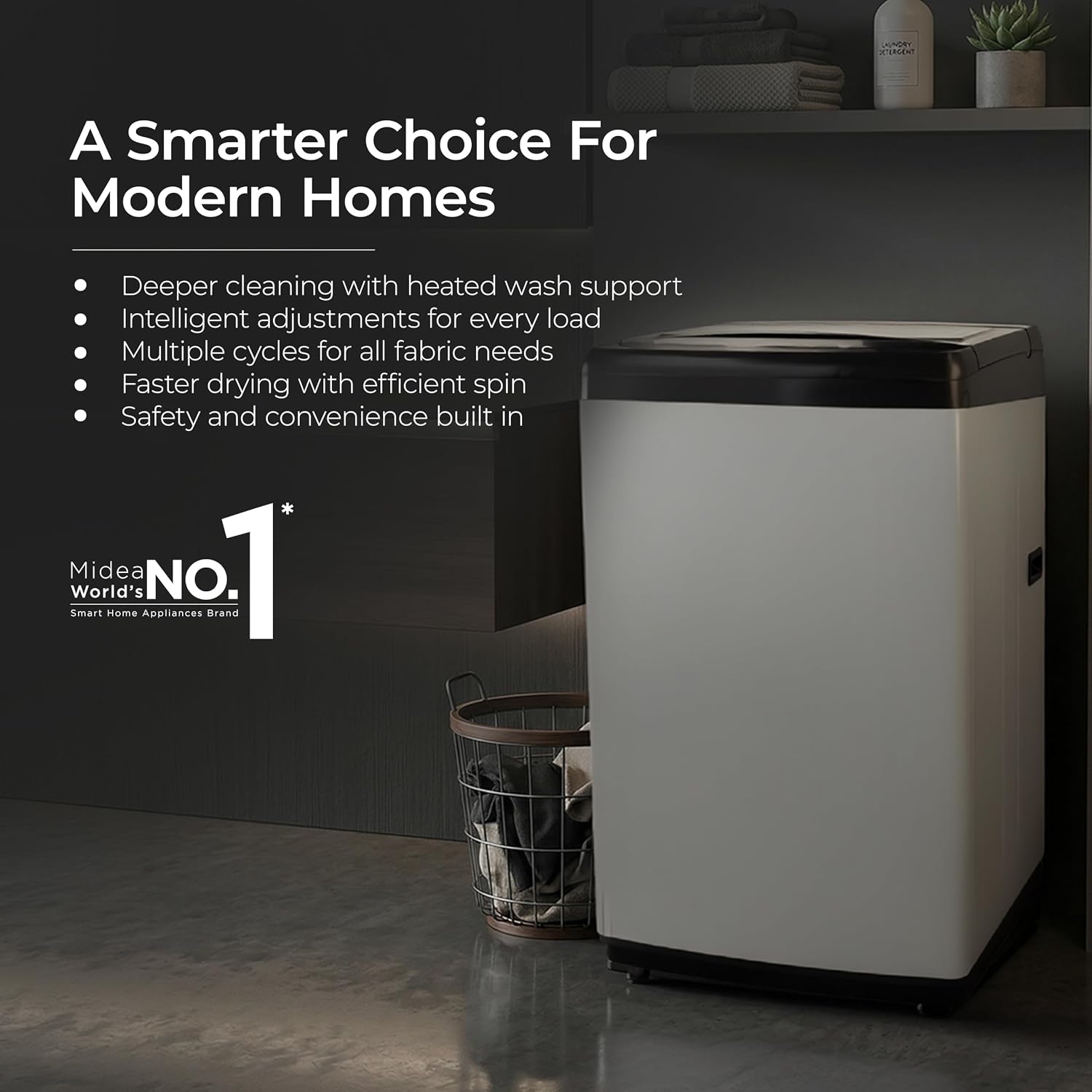 Midea 9 Kg 5 Star, Self Clean Drum Technology, Fully Automatic Top Load Washing Machine with Inbuilt Heater, 10 Wash Programs (MWMTL090FP1GHMB, Metal Body Mid Black)