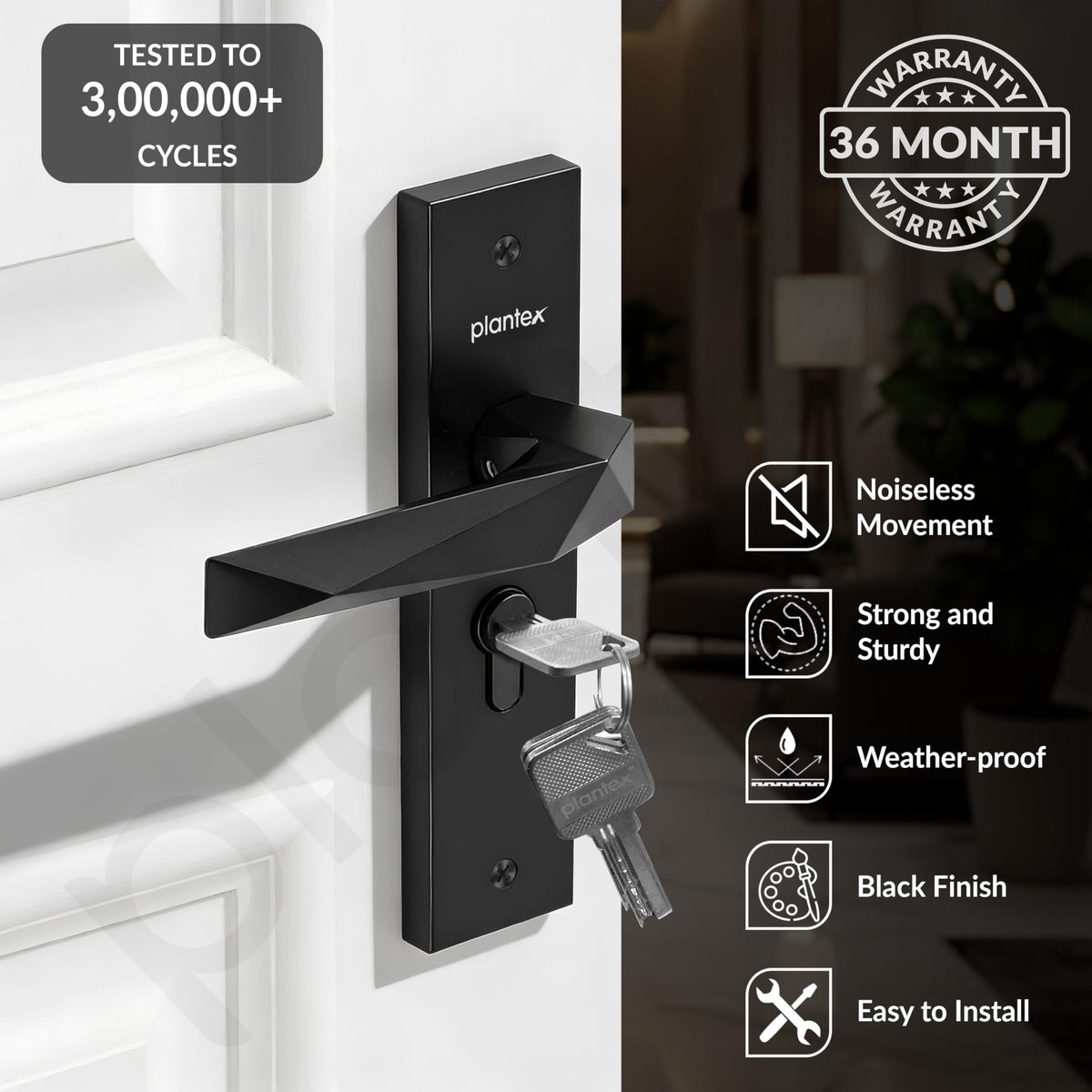 Plantex Heavy-Duty Door Lock Handle Set/6-Lever Lock Mechanism with 3 Years of Warranty/Mortise Lock with 3 Keys, Brass Lock Body & Cylinder - (Z-Black)-2