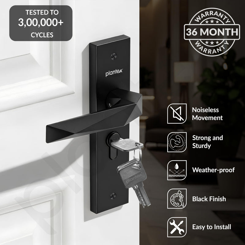 Plantex Heavy-Duty Door Lock Handle Set/6-Lever Lock Mechanism with 3 Years of Warranty/Mortise Lock with 3 Keys, Brass Lock Body & Cylinder - (Z-Black)-2