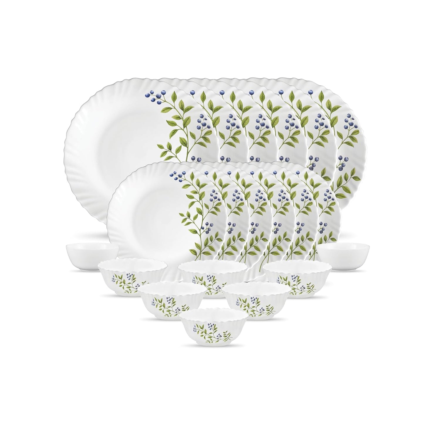 La Opala Novo Collection Opal Glass Crockery | for Family of 6 | Dinner Set 20 pcs Lush Greens | Plates & Bowls for Dining | Microwave Safe | 100% Vegetarian | Extra Strong | Light & White