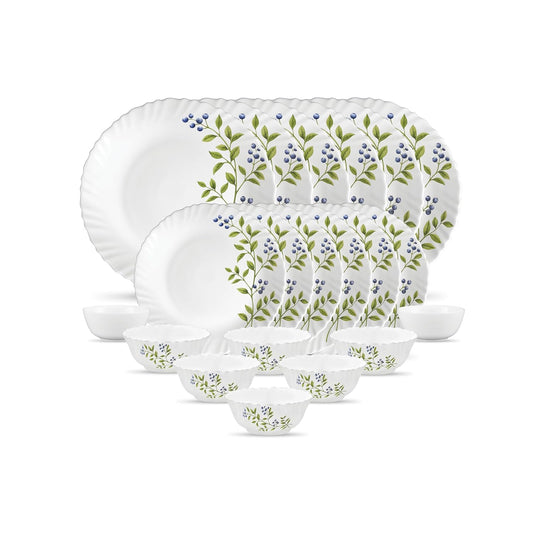 La Opala Novo Collection Opal Glass Crockery | for Family of 6 | Dinner Set 20 pcs Lush Greens | Plates & Bowls for Dining | Microwave Safe | 100% Vegetarian | Extra Strong | Light & White
