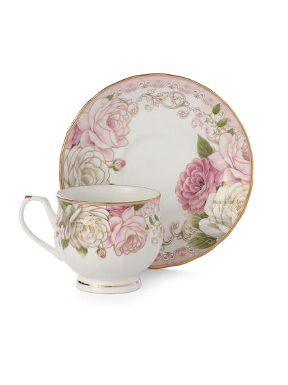 Clay Craft Gold Print Premium Fine Ceramic Tea Set of 15 Pcs (1 Kettle + 6 Cups + 6 Saucers + 1 Milk Pot + 1 Sugar Pot) (Design 6 - Rose(R512))