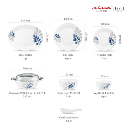 Diva by La Opala, Pearl Collection, Opal Glass Dinner Set 35 pcs, Indigo Bliss, White