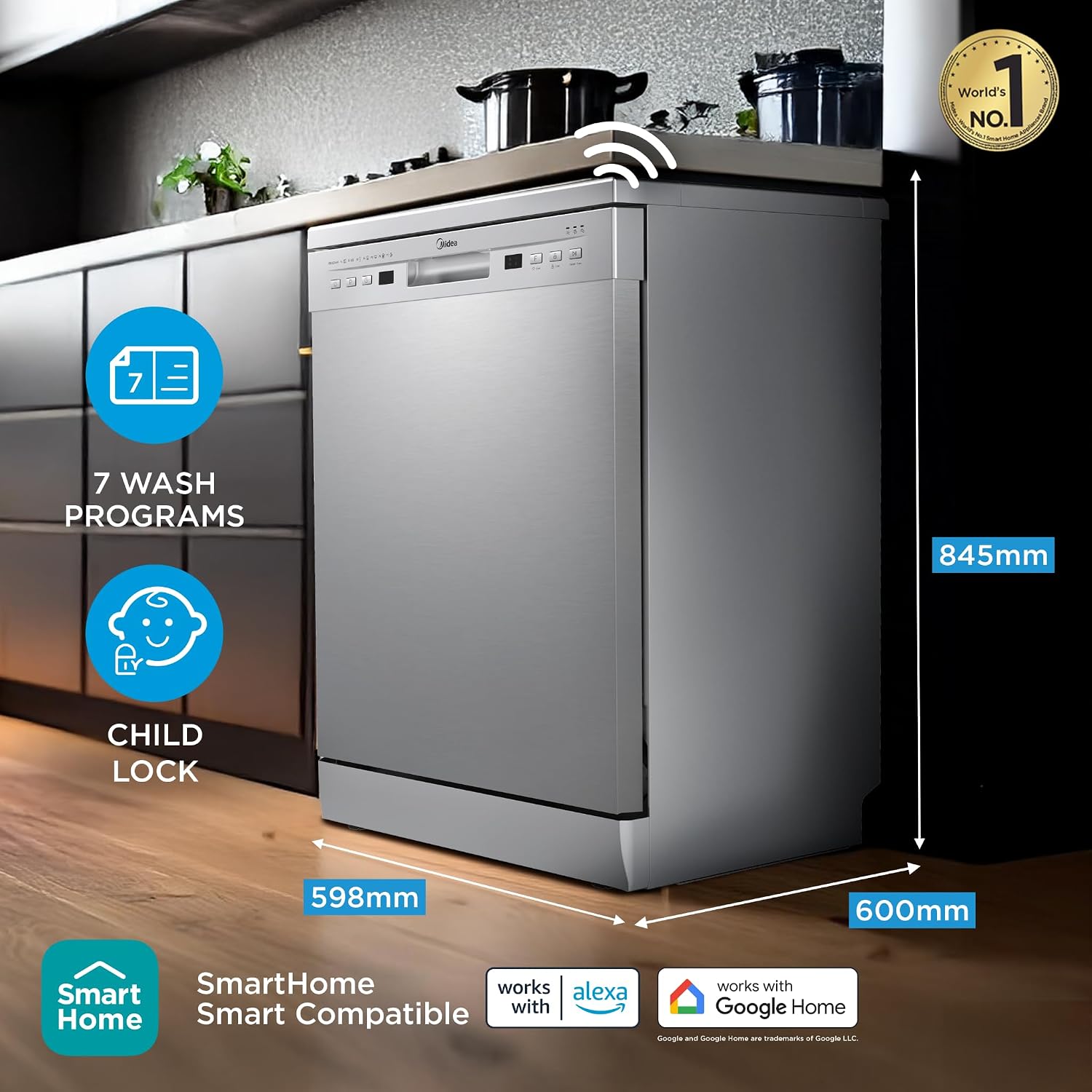 Midea 13 Place Settings Free Standing Silver Dishwasher | 7 Wash Programs | LED Display | Power Wash | Wi-Fi Enabled with Midea SmartHome App | Self Cleaning Function | MDWPF1301F(SS)-WG