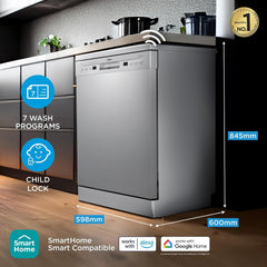Midea 13 Place Settings Free Standing Silver Dishwasher | 7 Wash Programs | LED Display | Power Wash | Wi-Fi Enabled with Midea SmartHome App | Self Cleaning Function | MDWPF1301F(SS)-WG