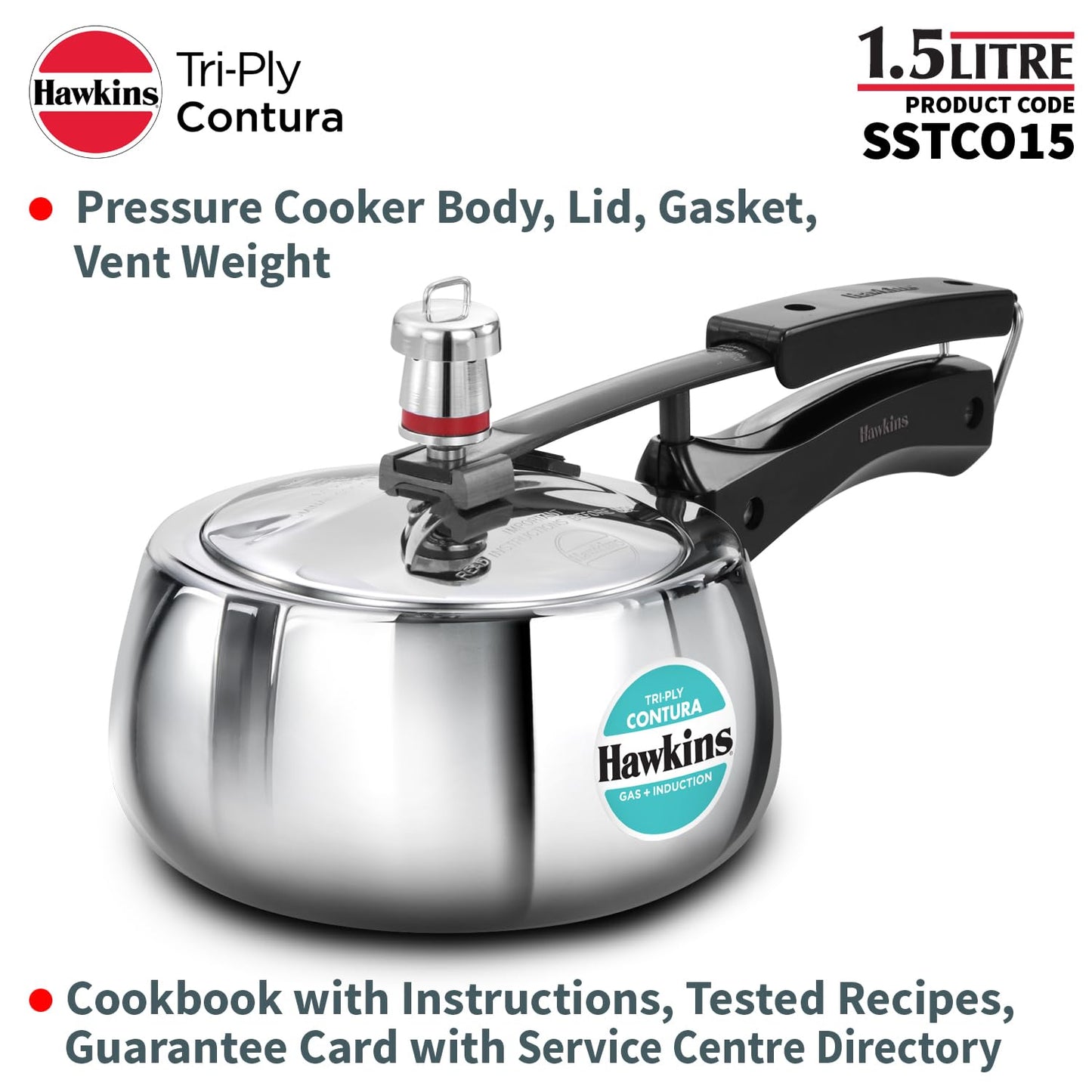 Hawkins 1.5 Litre Triply Contura Induction Pressure Cooker, Triply Stainless Steel, Contura shaped, Silver (SSTCO15)