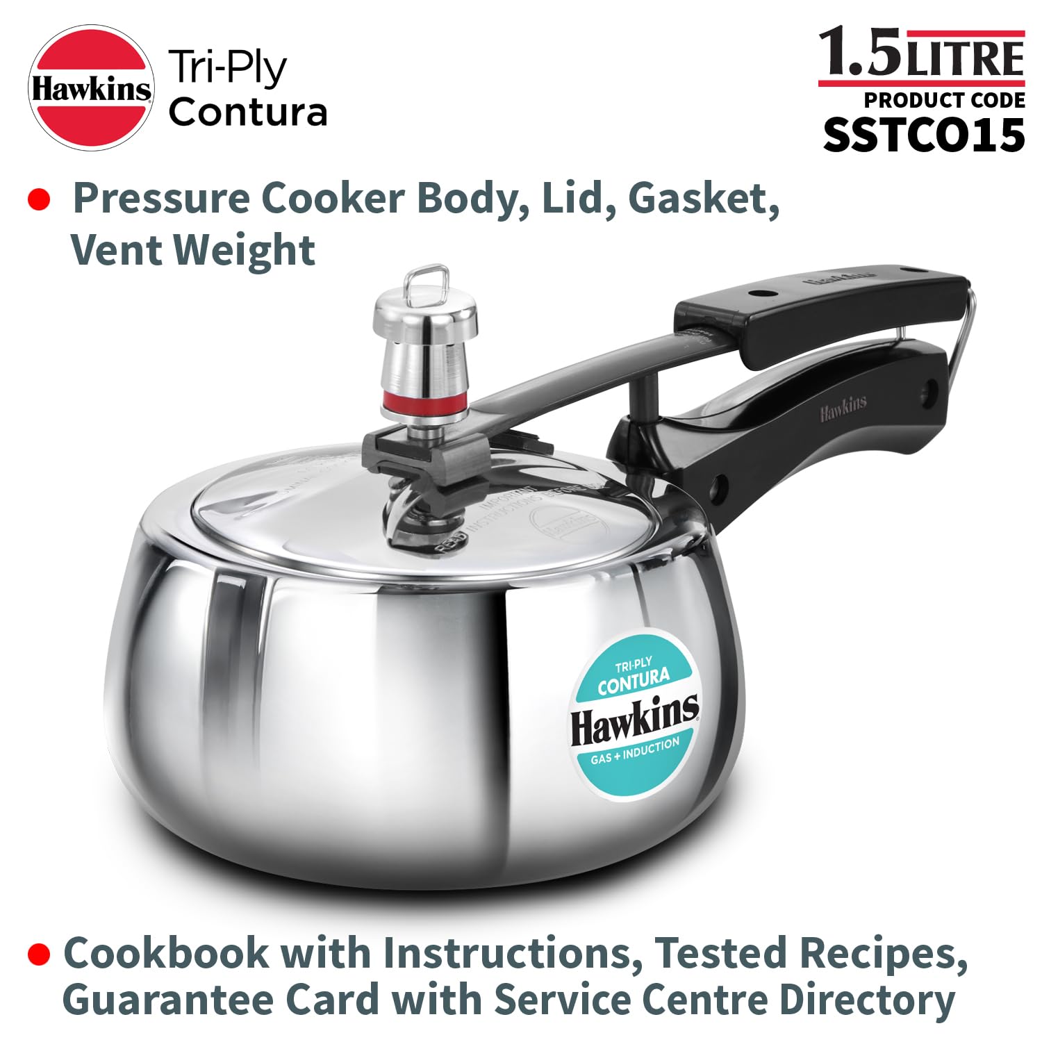 Hawkins 1.5 Litre Triply Contura Induction Pressure Cooker, Triply Stainless Steel, Contura shaped, Silver (SSTCO15)