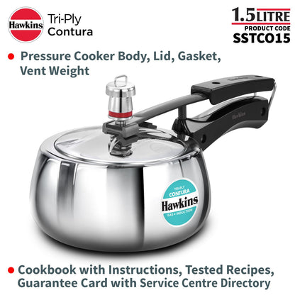 Hawkins 1.5 Litre Triply Contura Induction Pressure Cooker, Triply Stainless Steel, Contura shaped, Silver (SSTCO15)
