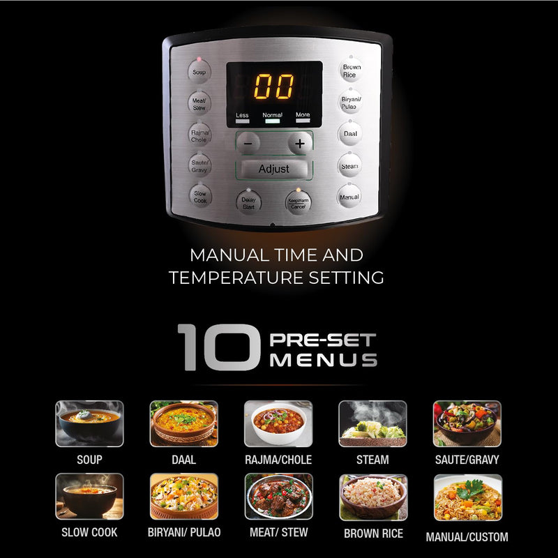 Usha iChef 6 Litre Electric Pressure Cooker | 1000W | 10 Indian Preset Menu | Keep Warm Fuction | Delay Timer | Slow Cooker | Automatic Rice Cooker, Steamer & More (Stainless Steel)|
