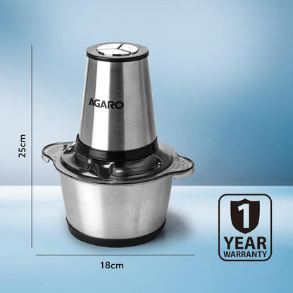 AGARO Delite Vegetable & Meat Chopper for Kitchen, Garlic Peeler, Egg Whisker, 2L Bowl, 400W Motor, 3 Speed Settings, Meat Grinder, Vegetable Mixer, Stainless Steel Body, Onion, Garlic, Fruits.