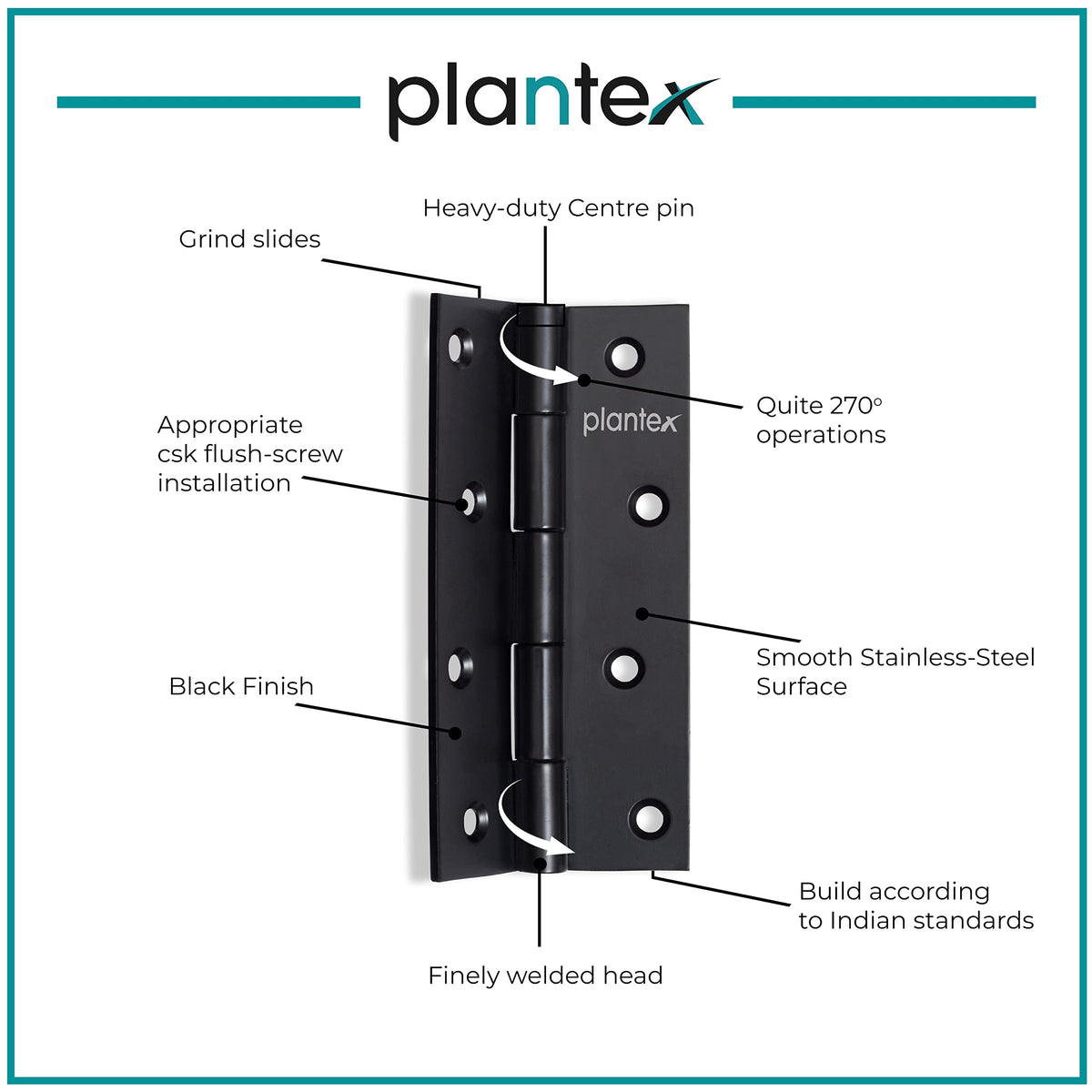 Plantex Heavy Duty Stainless Steel Door Butt Hinges 5 inch x 12 Gauge/2.5 mm Thickness Home/Office/Hotel for Main Door/Bedroom/Kitchen/Bathroom - Pack of 6 (Black)-4