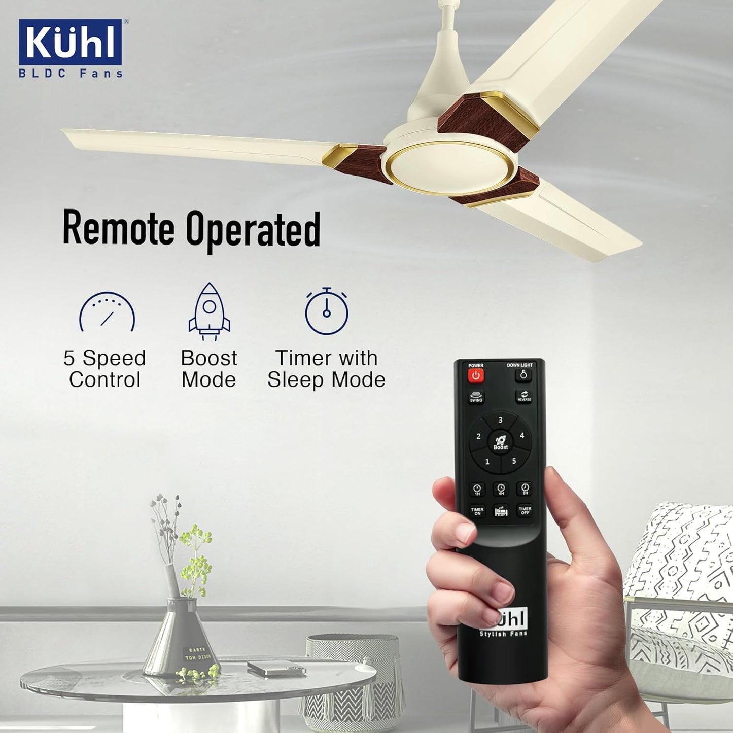 KUHL Prima A3 1200mm BLDC Ceiling Fan with Remote | INR 300 Off on Exchange | 5-Star Rated | High Airflow | Saves up to 65% Electricity | 5-Year Warranty | Ivory