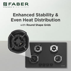 Faber Della 4 Burner 78cm Hob |Auto-Ignition|Brass Burner| Cast Iron Pan Support |Hob/Cooktop Hybrid| Matt Black Glass F