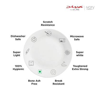 La Opala Diva Ivory Collection Opal Glass Crockery | Full Plate 11” Set of 6 | Grace Blue Design | Dinner Plate for Dining & Gifting | Microwave Safe | 100% Vegetarian | Extra Strong, Light & White
