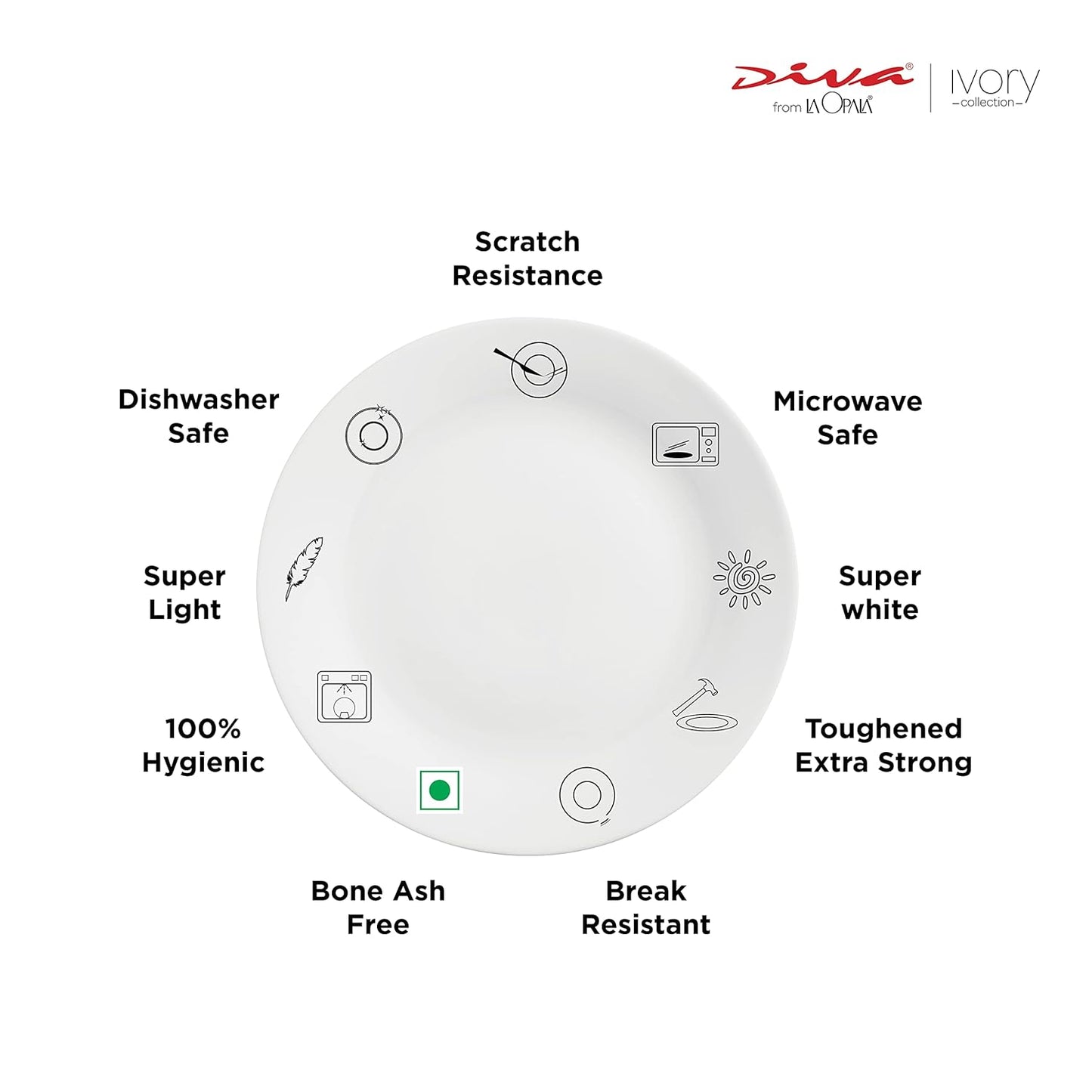La Opala Diva, Ivory Collection, Opal Glass Full Plate Set 11" 6 pcs, Yellow Grace, White