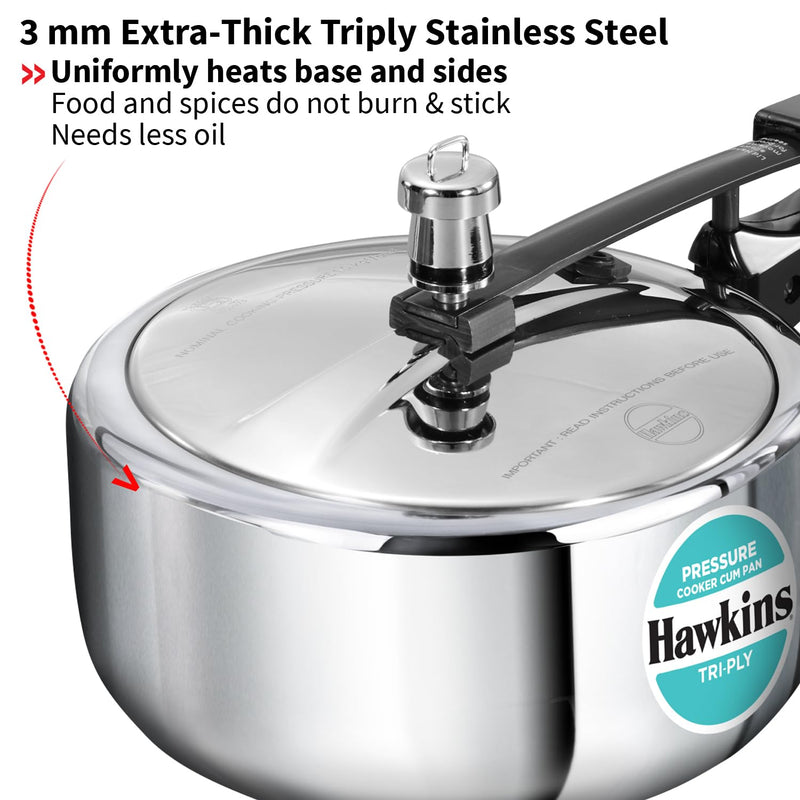 Hawkins 3 Litre Tri-Ply Pressure Cooker cum Pan, Triply Stainless Steel Inner Lid Cooker, Pan, Silver (SSTPP3)