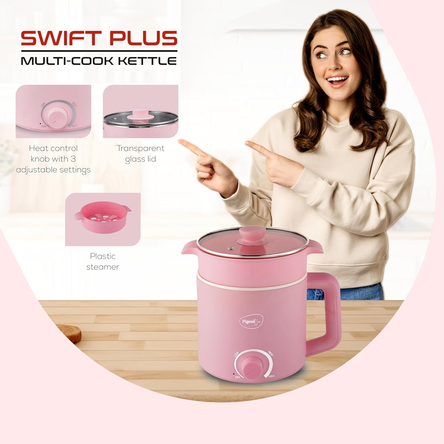 Pigeon By Stovekraft Swift Plus Multi-Cook Kettle 1.5L, With Steamer, Egg Rack - Pink | Black | Double Layered | Food Grade Stainless Steel Inner Wall | Glass Lid | Auto Shut-Off, 600 Watts