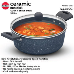 Hawkins Ceramic Nonstick Cook n Serve Bowl with Glass Lid, 3 Litre, Induction Pot, Granite Casserole (ICCB30G)