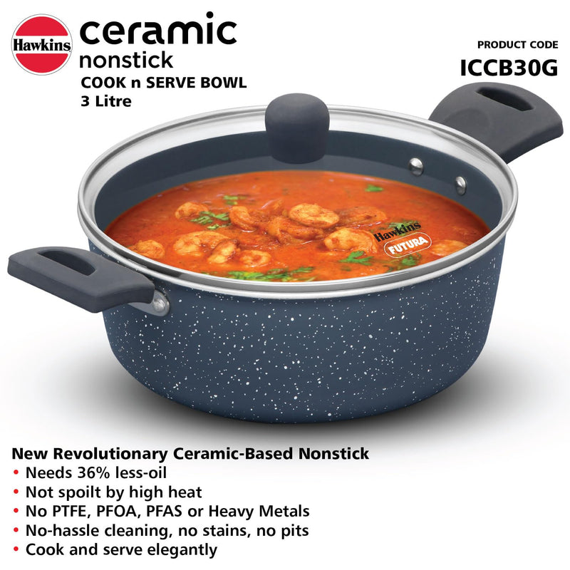 Hawkins Ceramic Nonstick Cook n Serve Bowl with Glass Lid, 3 Litre, Induction Pot, Granite Casserole (ICCB30G)
