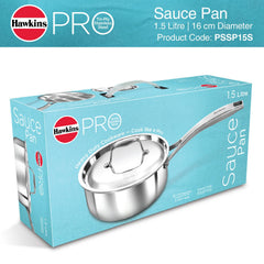 Hawkins Pro 1.5 Litre Sauce Pan, Tri-Ply Stainless Steel Tea Pan/Milk Pan with Stainless Steel Lid, Silver (PSSP15S)