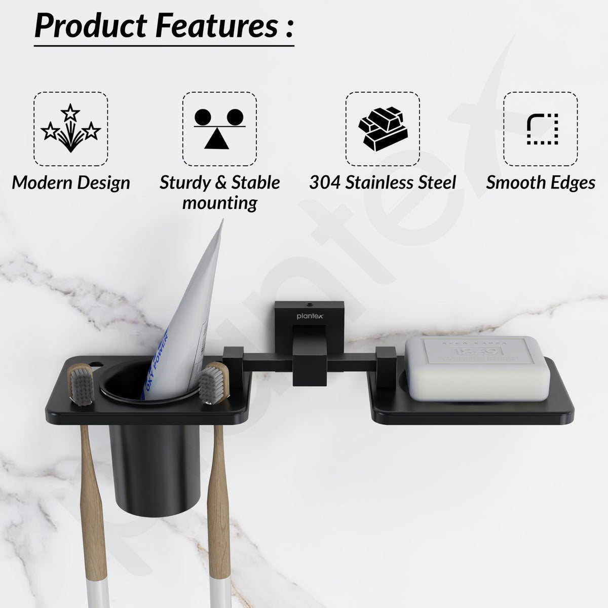 Plantex 304 Grade Stainless Steel 2in1 Soap Dish with Tooth Brush Holder/Soap Stand/Tumbler Holder/Bathroom Accessories - Wall Mount (Matt Black)-2
