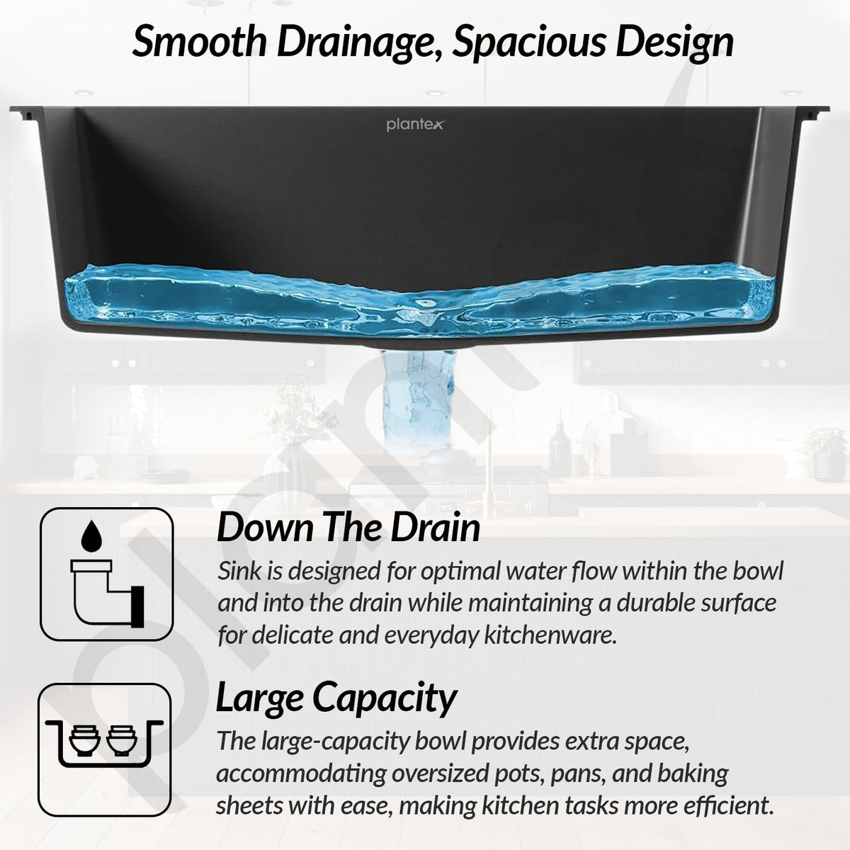 Plantex Quartz Sink for Kitchen/UV Protected Black Kitchen Sink/Granite Single Bowl Sinks/Undermount/Topmount (Black-24x18 Inches)-4
