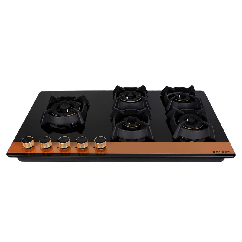 Faber 90cm 5Burner Gas Hob | Flame Failure Device | Cast Iron Pan Support | Metal Knobs | Dual Flame Burner | 8mm Toughe