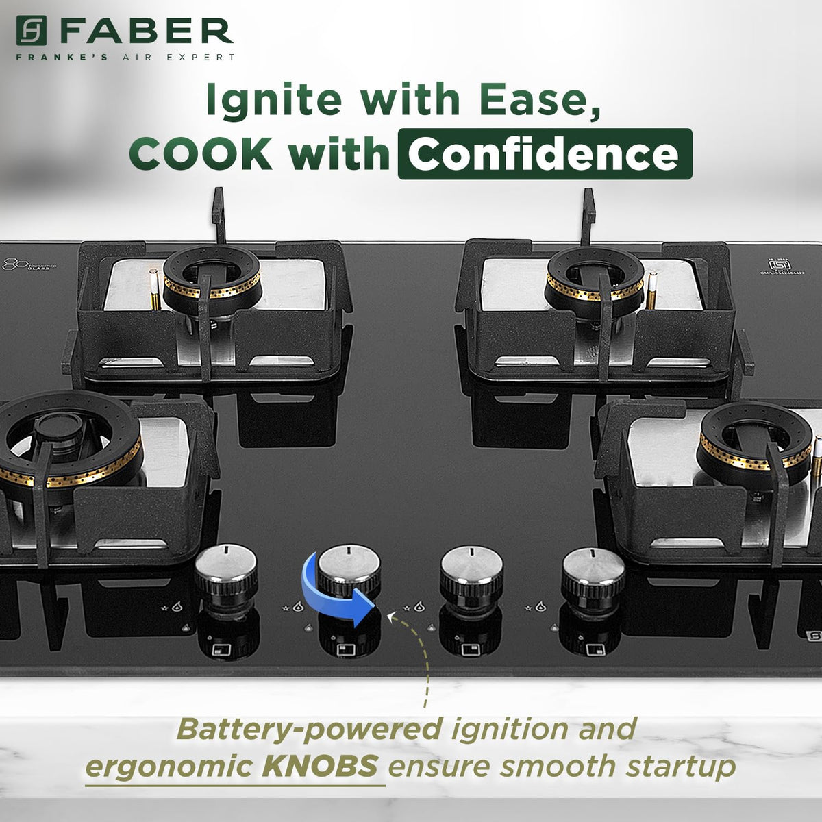 Faber 4 Burner HCT 65 cm Hob| Brass Burners| Bakelite Knobs| Cast Iron Pan Support | Hob/Cooktop Hybrid Toughened Glass 