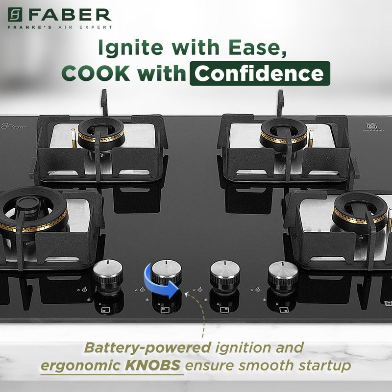 Faber 4 Burner HCT 65 cm Hob| Brass Burners| Bakelite Knobs| Cast Iron Pan Support | Hob/Cooktop Hybrid Toughened Glass 