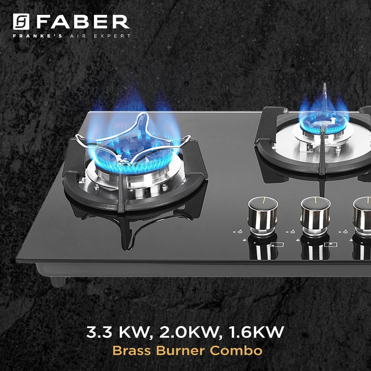 Faber Hob 76 cm 3 Burner|Auto-Ignition|Spillage Proof|Brass Burners|Metal Knobs|Pan Support|2yrs on Burner,5 Yrs Warrant