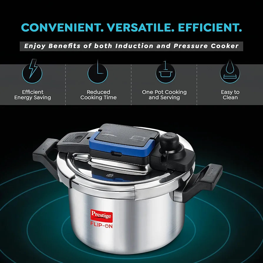 Prestige Cookcenter Induction Cooktop, Flip On Stainless Steel Pressure Cooker 5L 22cm Dia with Glass Lid, 4 Idly Plates, Frying Basket, Cake Mould 2.1, Cooker Separator 19cm Dia