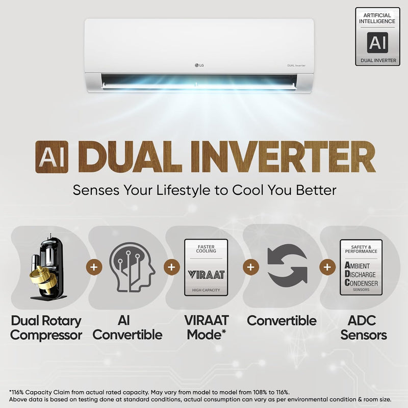 LG 1.5 Ton 3 Star DUAL Inverter Split AC (Copper, AI Convertible 6-in-1, VIRAAT Mode, Diet Mode+, Faster Cooling & Energy Saving, HD Filter with Anti-Virus Protection, US-Q18TNXE1, White)