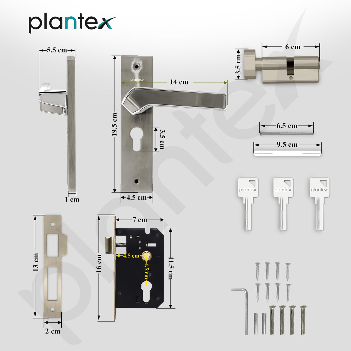 Plantex Heavy-Duty Door Lock/Door Handle Set with 3 Years of Warranty/Mortise Lock with 3 Keys, Brass Lockbody & Cylinder (8133 - Satin Steel & Chrome)-6