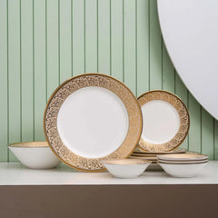 Clay Craft Fine Ceramic Georgian Ebony Floral Dinner Set (Set of 13) (E646), Enchanting Gold, for Family of 4, Dinner Set Ceramic, Dining Set for Dinner, Crockery Set for Gift, Kitchen Set for Home