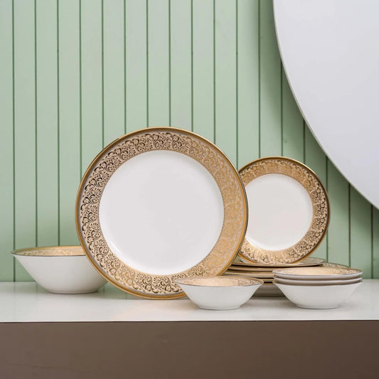 Clay Craft Fine Ceramic Georgian Ebony Floral Dinner Set (Set of 13) (E646), Enchanting Gold, for Family of 4, Dinner Set Ceramic, Dining Set for Dinner, Crockery Set for Gift, Kitchen Set for Home