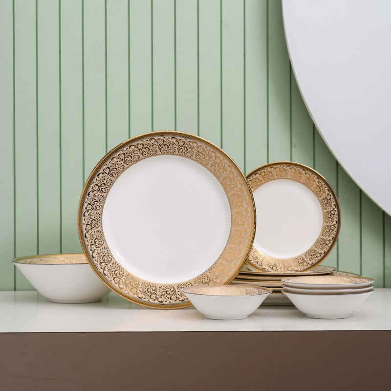 Clay Craft Fine Ceramic Ebony Dinner Set, Enchanting Gold, for Family of 4, Dinner Set Ceramic, Crockery Set, Dining Set for Dinner, Crockery Set for Gift, Kitchen Set (13 Pieces, E625)