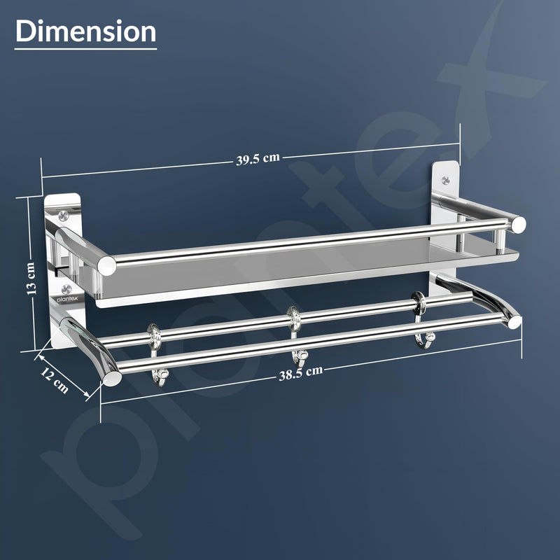 Plantex Premium Stainless Steel Bathroom Shelf/Multipurpose Rack with Towel Hooks & Hanger/Rod/Bathroom Organiser with Drill/Bathroom Stand-(2-Tier,Chrome)-4