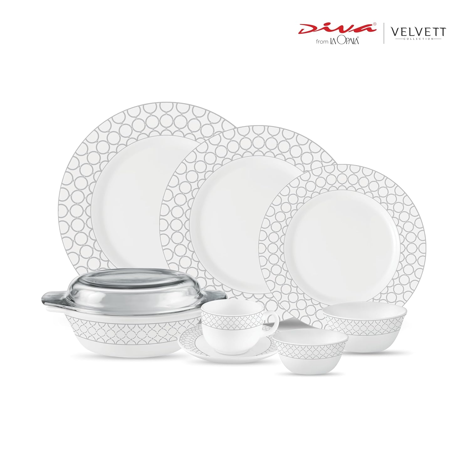 La Opala Diva Velvett Collection Opal Glass Crockery | for Family of 8 | Dinner Set 62 pcs Pearl Grey | Plates & Bowls for Dining | Microwave Safe | 100% Vegetarian | Extra Strong | Light & White