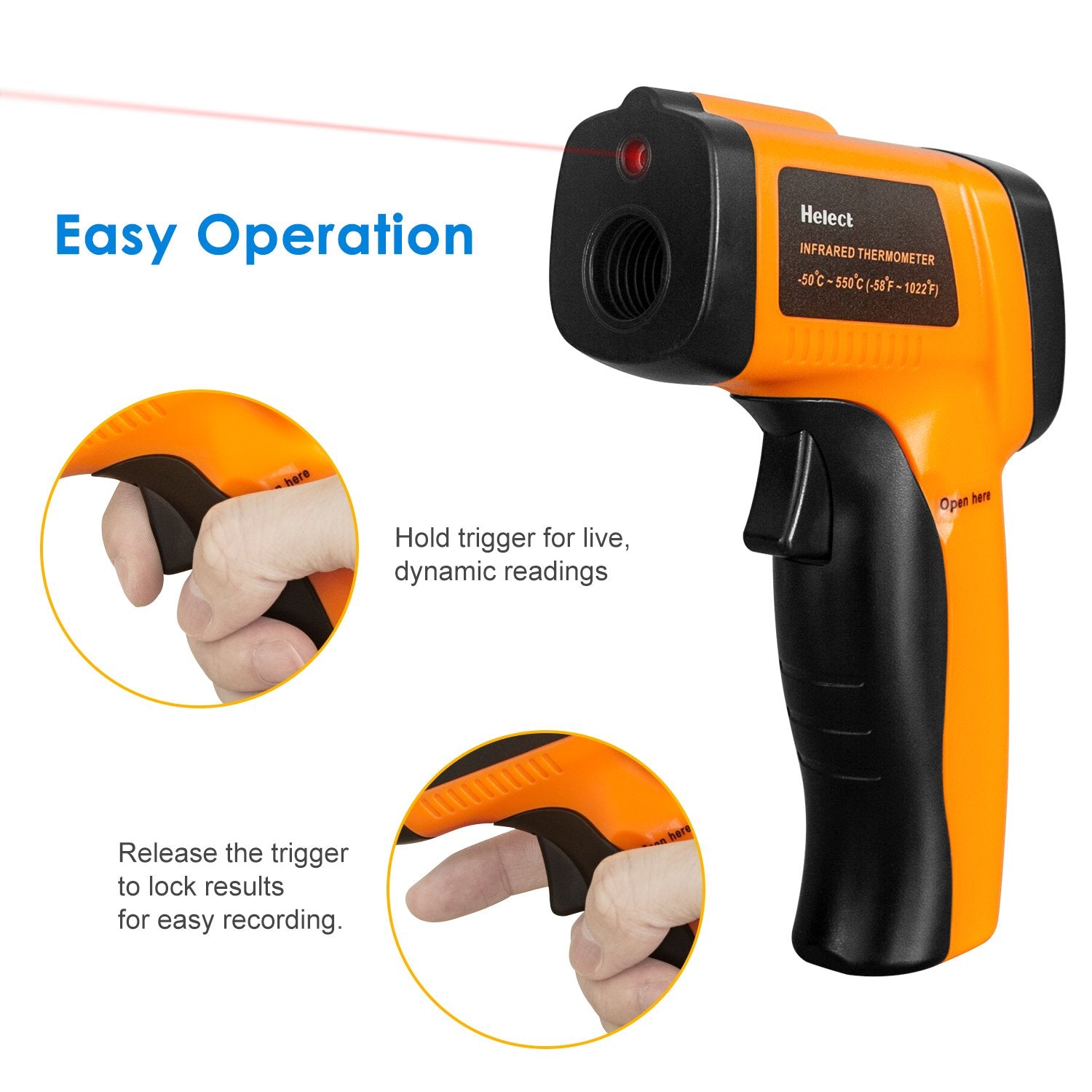 Helect Plastic Non-Contact Digital Laser Infrared Thermometer Temperature Gun With Lcd Display -58°F To 1022°F (-50°C To 550°C), Orange, Pack of 1