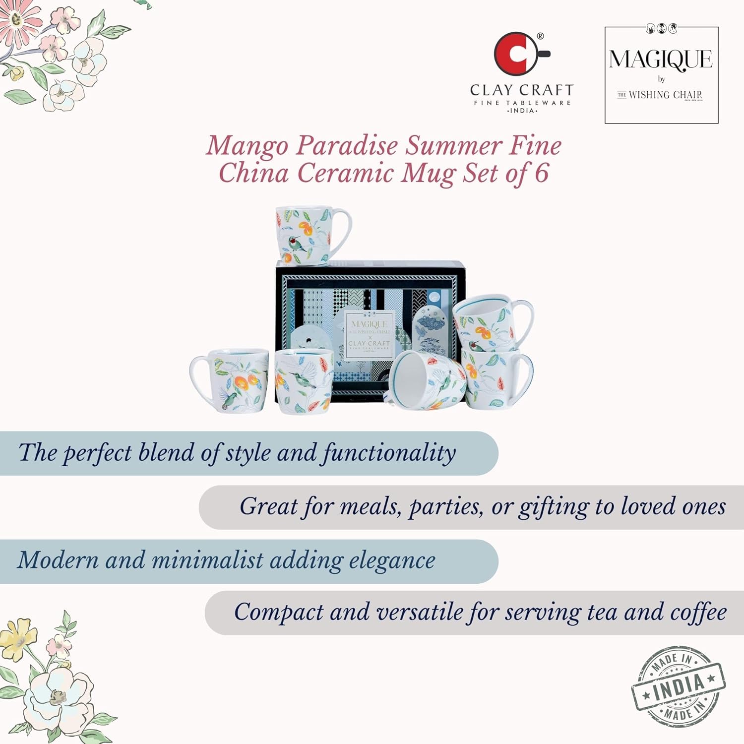 Magique by The Wishing Chair x ClayCraft : Mango Paradise Summer Fine China Ceramic Mug Set of 6 | 200 ml | Tea Cup Set of 6 | Mugs for Coffee | Ideal for Gifting | Perfect for Home & Office